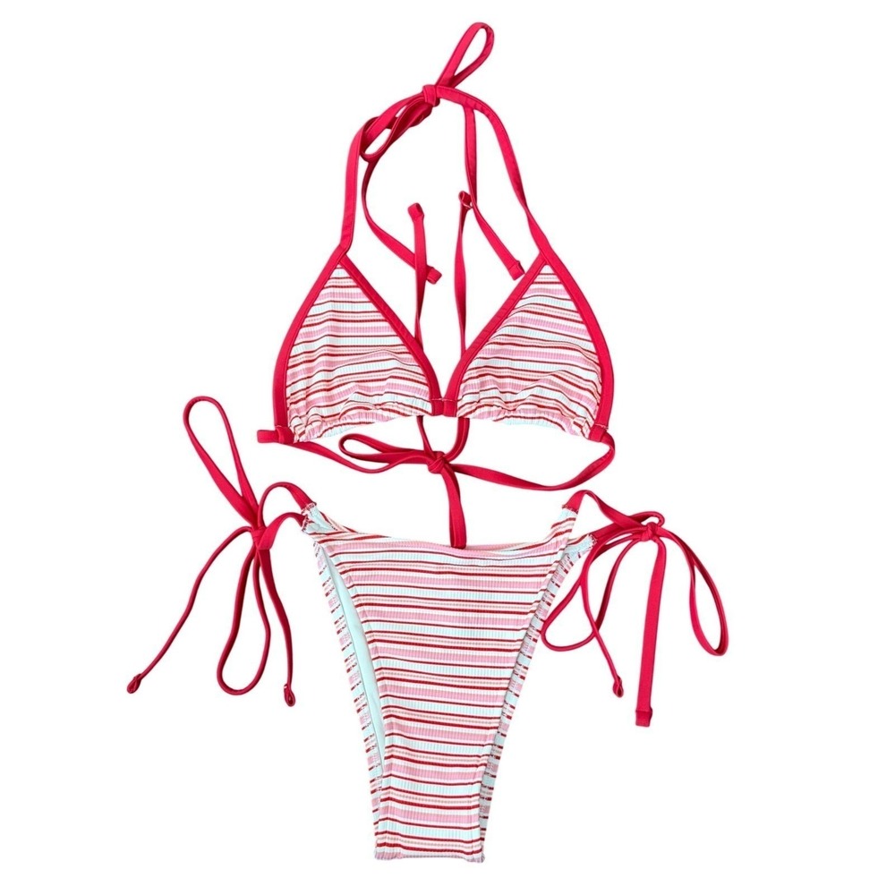 VS PINK Frankies Bikinis Red Striped Ribbed Triangle Bikini Set M/L NWT High Leg